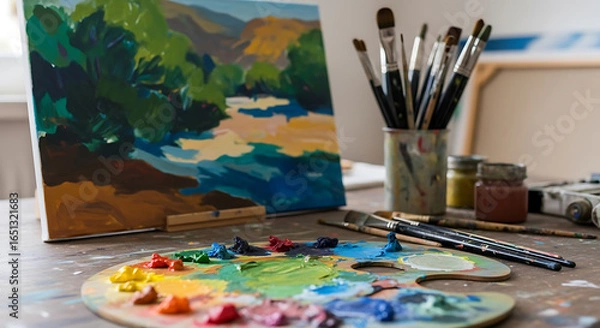 Fototapeta Artistic tableau featuring a river landscape painting, vibrant palette, and assorted brushes
