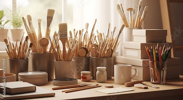 Fototapeta Still life arrangement showcasing a collection of artist's tools and creative supplies with