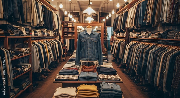 Fototapeta Boutique showcasing vintage-inspired apparel, with a curated selection of denim jackets and neatly