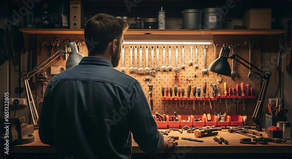Fototapeta A craftsman in his workspace with a variety of tools on a cluttered workbench focused on projects