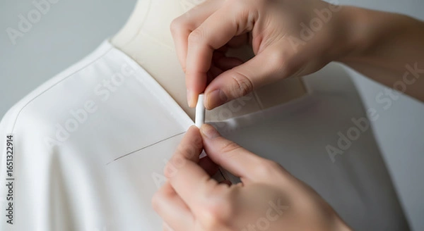 Fototapeta Crafting bespoke garment design, skilled hands chalking outlines on white fabric for pattern