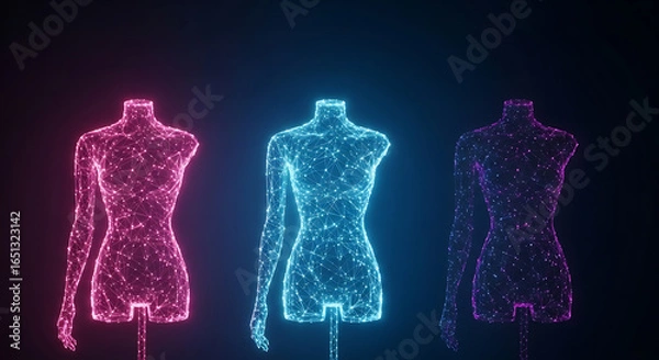 Fototapeta Polygonal female mannequins illuminated with vibrant neon gradients against a dark backdrop