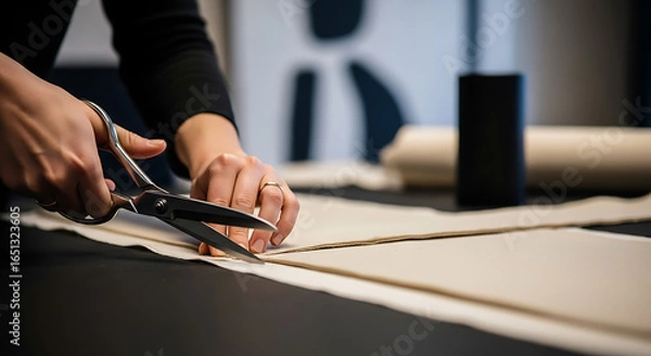 Fototapeta Artisan cutting fabric for custom tailoring in a bespoke atelier workshop environment for fashion