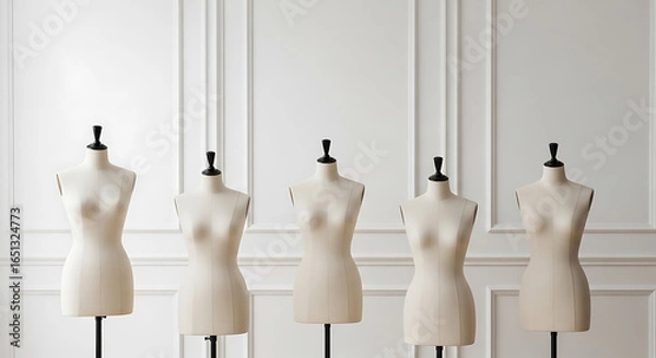 Fototapeta Elegantly structured mannequins against a white paneled wall creating a fashion forward aesthetic