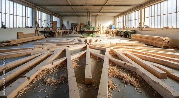 Fototapeta Carpenter workshop with lumber and wood dust forming radiating design showcasing woodworking