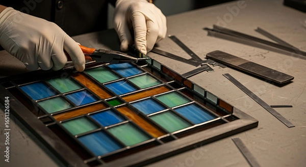 Fototapeta Artisan carefully crafting a stained glass panel using pliers and metal strips for framework