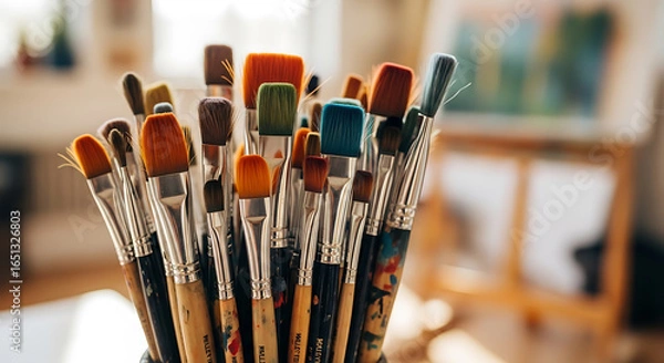 Fototapeta Collection of paintbrushes standing on end next to an easel in an artist's bright studio