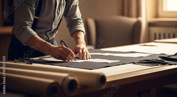 Fototapeta Crafting elegance: Tailor meticulously tracing pattern on fabric in bright studio space