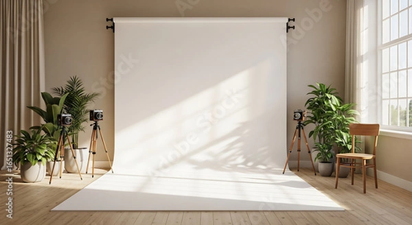 Fototapeta Bright photography studio space with vintage cameras, greenery, and natural window light for