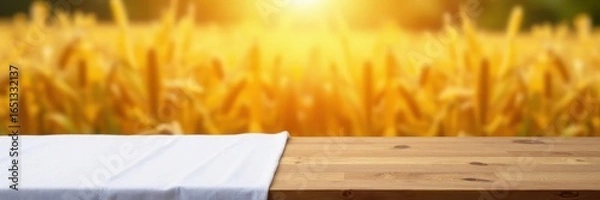 Fototapeta Empty wooden table, white tablecloth, blurred golden wheat field , nature, countryside, blur