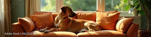 Fototapeta Majestic Rhodesian Ridgeback lounges on designer sofa in sun-drenched space, sun, light