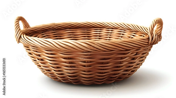 Fototapeta Handwoven Wicker Basket with Handles on White Background