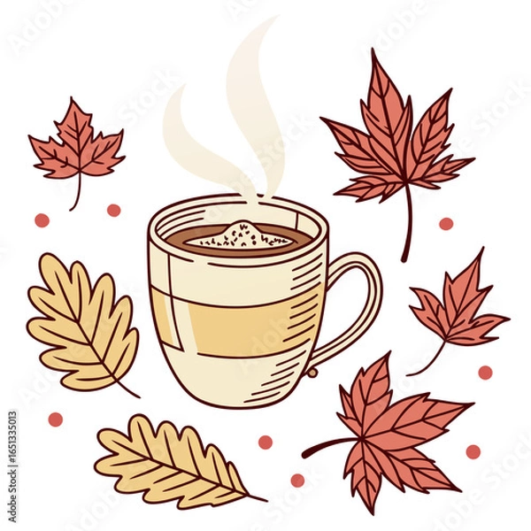 Fototapeta Whimsical illustration of a steaming mug surrounded by autumn leaves on a white background