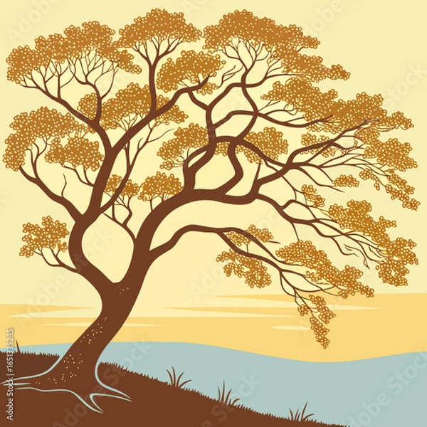 Obraz Stylized illustration of a tree with golden leaves in a serene landscape on a pastel background