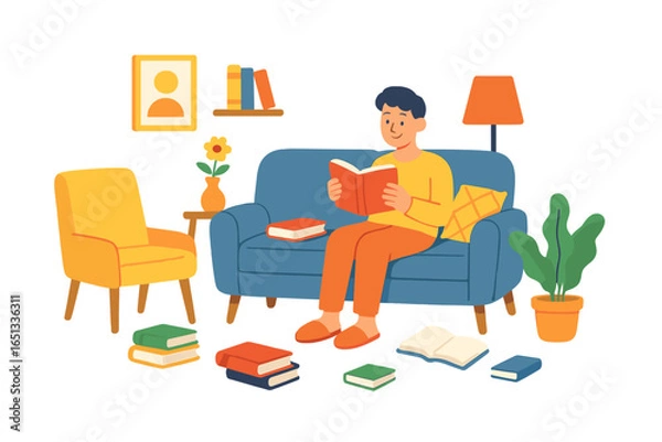 Fototapeta A group of individuals are staying at home, engaging in diverse quarantine activities such as cooking, gardening, reading, cleaning, and practicing yoga