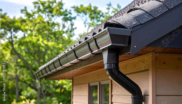 Obraz Close Up Of Black Rain Gutter System On Wooden House Exterior On A Sunny Day With Green Trees Background