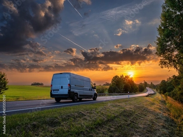 Obraz White fast delivery van driving on the asphalt road in rural landscape at golden sunset with dramatic clouds