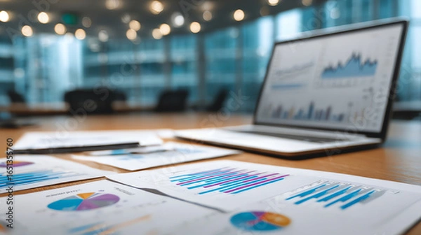 Fototapeta Dynamic workspace featuring financial graphs and a laptop, illustrating data analysis and business strategy concepts clearly.