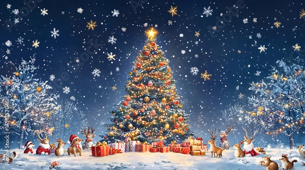 Fototapeta A festive scene featuring a glowing Christmas tree surrounded by gifts and a Santa figure under a starry night sky.