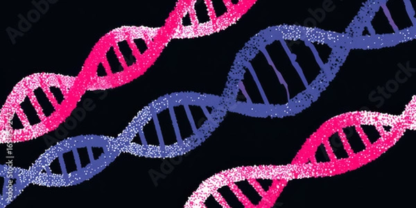 Fototapeta Colorful DNA strands graphic, vibrant double helix designs in blue, pink, and purple, suitable for science education and research.