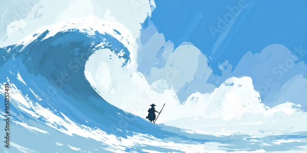 Fototapeta Surfer riding a massive wave, vibrant colors, dynamic ocean scene, perfect for sports promotion or adventure themes.