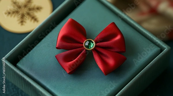 Fototapeta Green gift box with red ribbon and a silver ornament on a red carpet