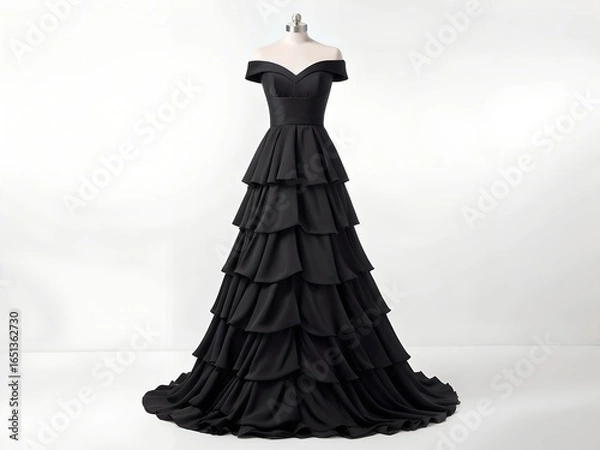 Fototapeta Sophisticated black mermaid gown displayed on mannequin in studio setting. Luxury evening dress featuring elegant silhouette, satin fabric, and glamour detailing ideal for fashion and formal occasions