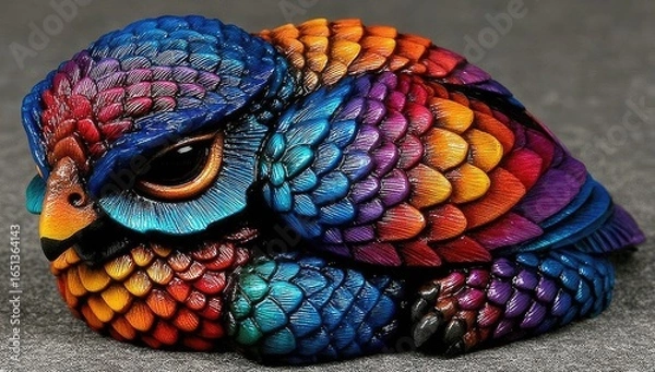 Fototapeta A small, colorful owl figurine, resting on a mottled gray surface