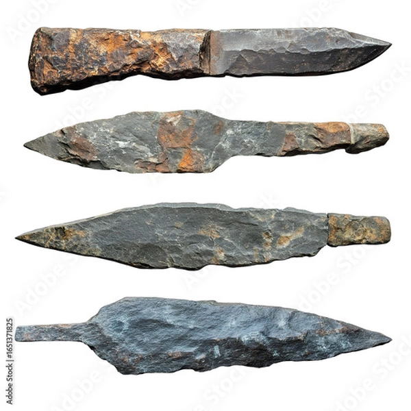 Fototapeta A collection of four ancient stone tools showcasing unique shapes, textures, and craftsmanship, resting on a plain background., antique, transparent png