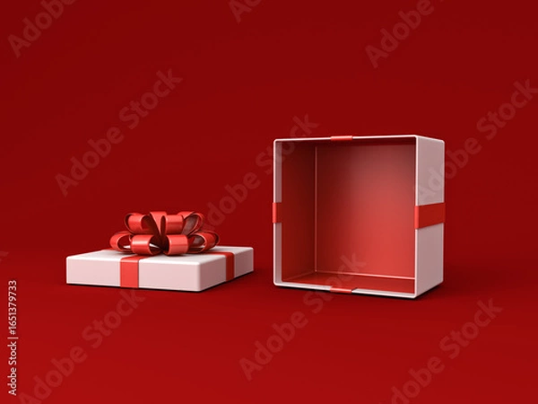 Fototapeta Blank open white gift box mockup showcase stand or opened present box tied with red ribbon bow isolated on dark red background with shadow minimal creative idea conceptual 3D rendering