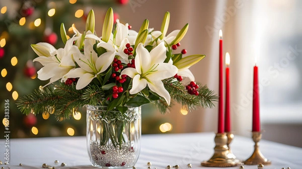 Fototapeta Elegant Christmas Floral Arrangement with Lilies, Berries, and Pine Branches on a Festive Table