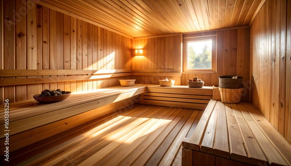 Obraz Interior View Of Wooden Sauna With Sunlight Streaming Through Window And Warm Lighting