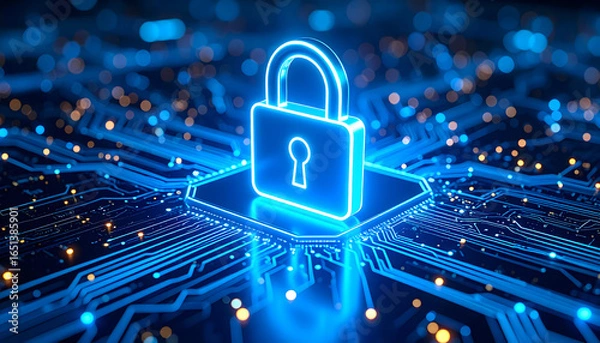 Obraz Glowing Blue Digital Padlock Icon on Circuit Board Representing Cybersecurity Technology