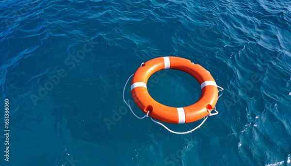 Obraz Orange Lifebuoy Floating on Blue Water Surface with White Rope and Reflective Sunlight