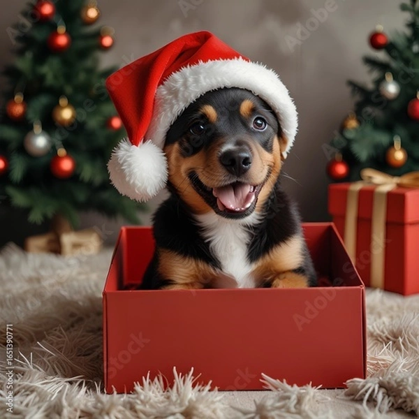 Fototapeta Dog with a Christmas hat in red gift box in front of the Christmas tree. Merry Christmas and New Year theme.