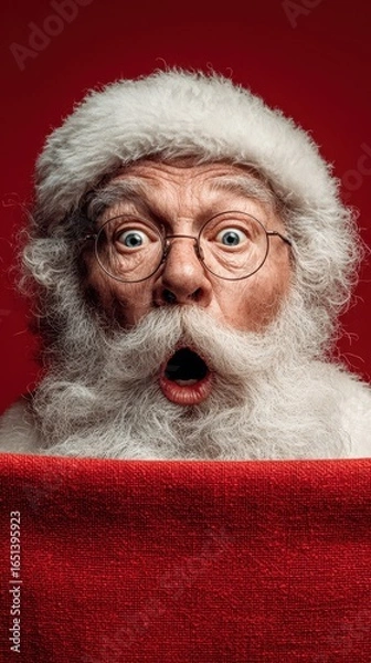 Fototapeta Surprised Santa Claus with large glasses holding a red fabric during festive celebrations