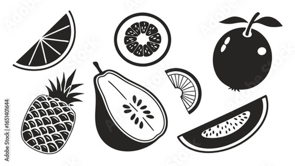 Fototapeta Black and White Vector Illustration of Various Sliced Tropical Fruits on a White Background for Design