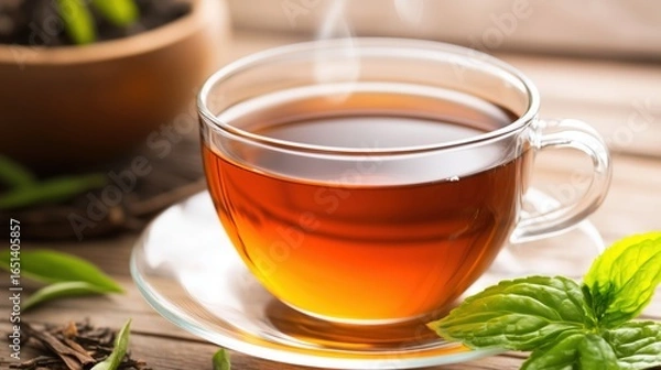 Fototapeta Warm cup of herbal tea with fresh mint leaves placed on wooden surface in a cozy setting during daylight