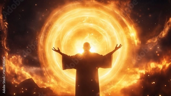 Fototapeta Mystical figure surrounded by an ethereal glow in a dramatic cosmic landscape