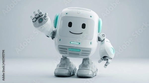 Obraz Friendly white robot waves hello, a cute futuristic android character.