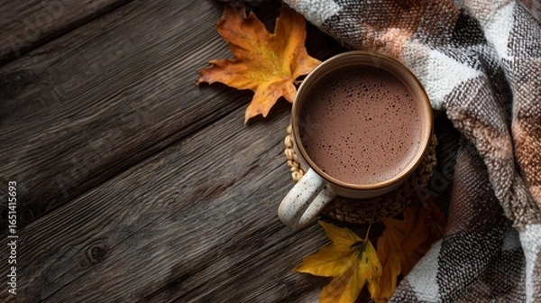 Fototapeta Folded checkered plaid, cup of cacao and fall leaves on wooden background, natural lightning, space for text, top view