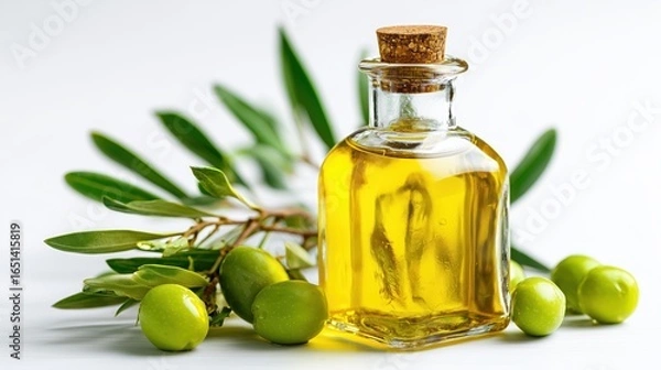 Fototapeta Glass bottle of clean olive oil and green olives with leaves near bottle, isolated on white background, close up, space for text