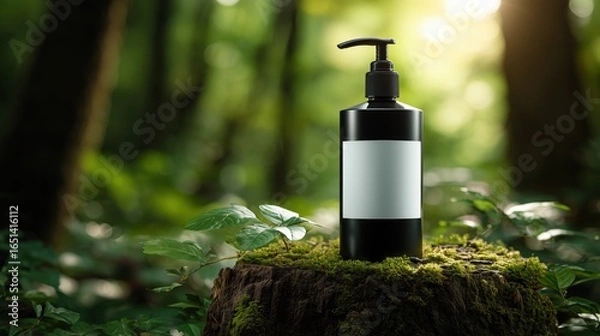 Fototapeta Mockup of a black cosmetic bottle with a pump dispenser, featuring a blank white label wrapped around it. The bottle is placed on a moss-covered tree stump in a forest