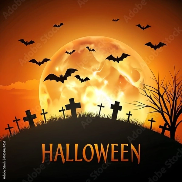 Fototapeta Halloween graveyard scene with flying bats and tombstones under a glowing full moon with orange sky