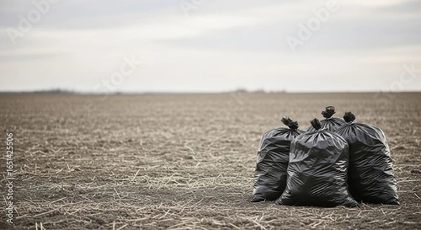 Fototapeta Several full black trash bags left on a dry field. Concept of earth day clean up, waste collection, and environmental volunteering.