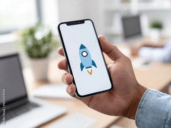Obraz Hand holding smartphone displaying rocket icon, suggesting startup, innovation, or quick action.