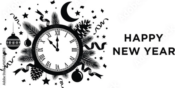 Fototapeta Vector art of happy new year countdown with clock ornaments and festive decorations isolated on white background