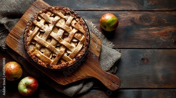 Fototapeta Freshly baked apple pie with a golden lattice crust sits on a wooden cutting board, surrounded by red apples and a rustic burlap cloth, evoking a cozy kitchen atmosphere