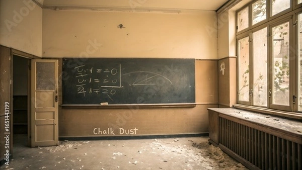 Fototapeta Abandoned classroom with chalkboard and dusty window
