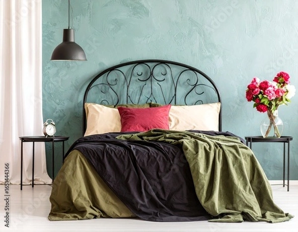 Obraz Elegant Bedroom with Black Metal Headboard (AI Generated)